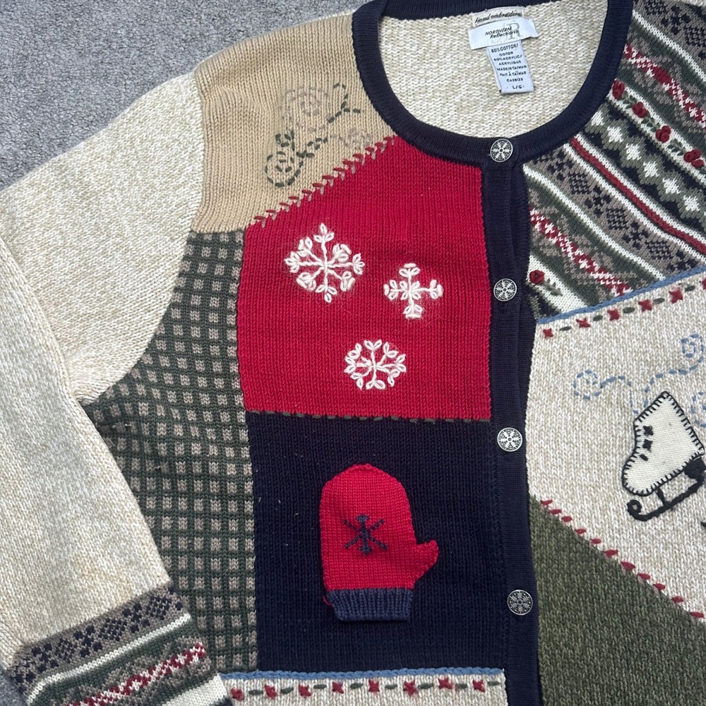 Northern Reflections Cardigan Sweater Womens L Large Multicolor Winter Patchwork - Picture 2 of 12